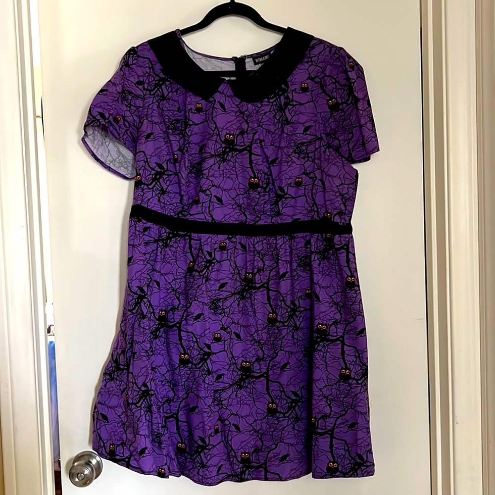 Spooky Owl Halloween Plus Size Retrolicious Owl print Purple collared Dress